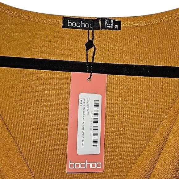 Boohoo Women's size 8 Off Shoulder Faux Wrap Midi Dress Deep V-Neck Sleek - Picture 8 of 11